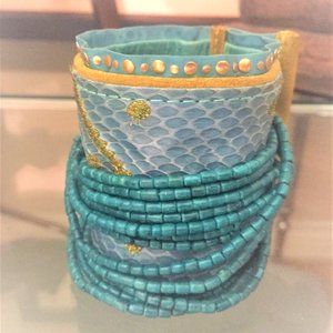 R & Y AUGOUSTI PARIS Turquoise Horn Beaded Snakeskin CUFF BRACELET Rare Augousti
